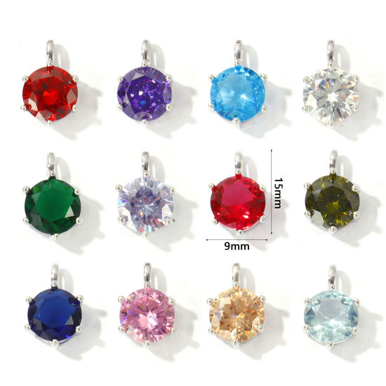 Picture of Eco-friendly Brass Birthstone Charms Wholesale Real Platinum Plated Round 15mm x 9mm