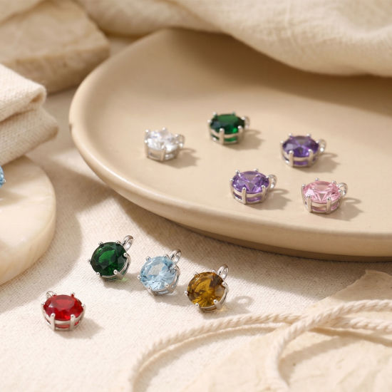 Picture of Eco-friendly Brass Birthstone Charms Wholesale Real Platinum Plated Round 15mm x 9mm