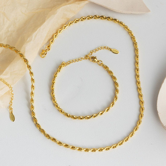 Imagen de Collar & Pulsera Al Por Mayor, Cadena de Trenzada Chapado en Oro de 18K 304 Acero Inoxidable, Mujeres Respetuoso del Medio Ambiente Exquisito Elegante Regalo Joyería Para Minorista, 1 Unidad