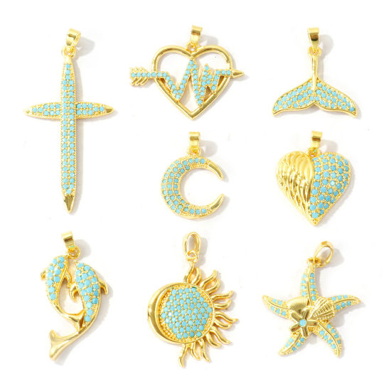 Bild von Messing Charm-Anhänger Großhandel 18K Vergoldet Kreuz Seesterne Micro Pave Blau Kubischer Zirkon