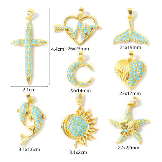 Bild von Messing Charm-Anhänger Großhandel 18K Vergoldet Kreuz Seesterne Micro Pave Blau Kubischer Zirkon