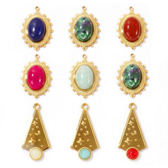 Picture of Eco-friendly PVD Waterproof Anti-Tarnish Hypoallergenic 304 Stainless Steel Charms Wholesale 18K Real Gold Plated With Synthetic Gemstone Cabochons