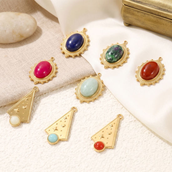 Picture of Eco-friendly PVD Waterproof Anti-Tarnish Hypoallergenic 304 Stainless Steel Charms Wholesale 18K Real Gold Plated With Synthetic Gemstone Cabochons