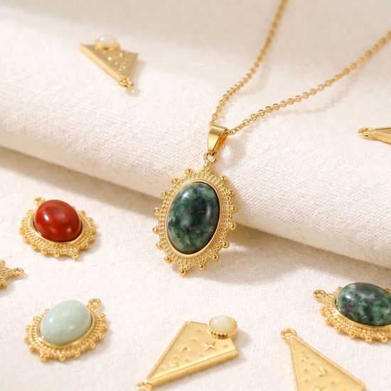 Picture of Eco-friendly PVD Waterproof Anti-Tarnish Hypoallergenic 304 Stainless Steel Charms Wholesale 18K Real Gold Plated With Synthetic Gemstone Cabochons