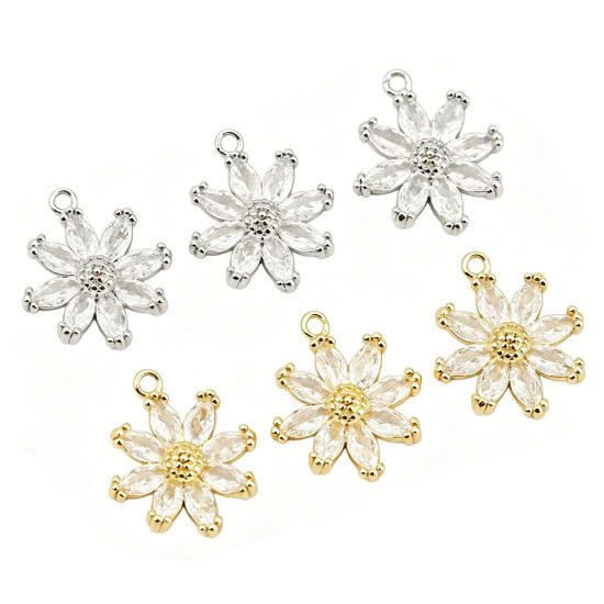 Picture of Eco-friendly Brass Charms Wholesale Real Gold Plated Daisy Flower Clear Cubic Zirconia 16.5mm x 14.5mm