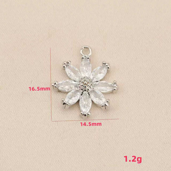 Picture of Eco-friendly Brass Charms Wholesale Real Gold Plated Daisy Flower Clear Cubic Zirconia 16.5mm x 14.5mm