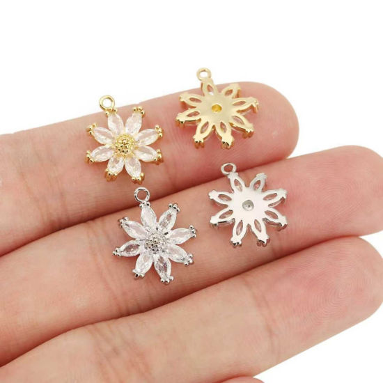 Picture of Eco-friendly Brass Charms Wholesale Real Gold Plated Daisy Flower Clear Cubic Zirconia 16.5mm x 14.5mm