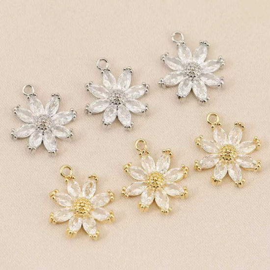 Picture of Eco-friendly Brass Charms Wholesale Real Gold Plated Daisy Flower Clear Cubic Zirconia 16.5mm x 14.5mm