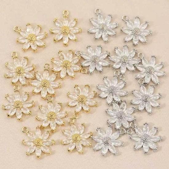 Picture of Eco-friendly Brass Charms Wholesale Real Gold Plated Daisy Flower Clear Cubic Zirconia 16.5mm x 14.5mm