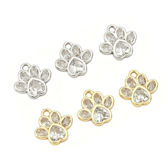 Picture of Eco-friendly Brass Pet Memorial Charms Wholesale Real Gold Plated Paw Print Mini Clear Cubic Zirconia 10mm x 10mm
