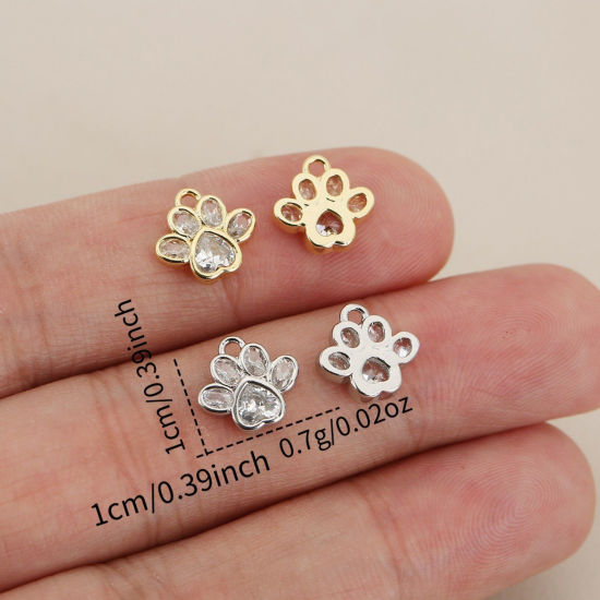 Picture of Eco-friendly Brass Pet Memorial Charms Wholesale Real Gold Plated Paw Print Mini Clear Cubic Zirconia 10mm x 10mm