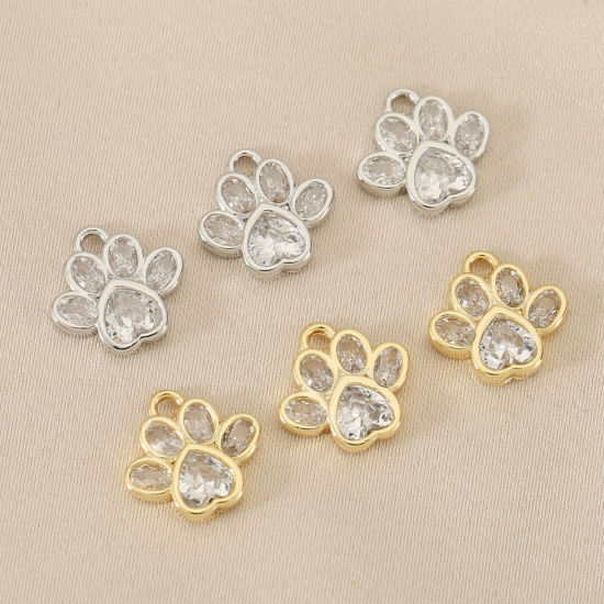 Picture of Eco-friendly Brass Pet Memorial Charms Wholesale Real Gold Plated Paw Print Mini Clear Cubic Zirconia 10mm x 10mm
