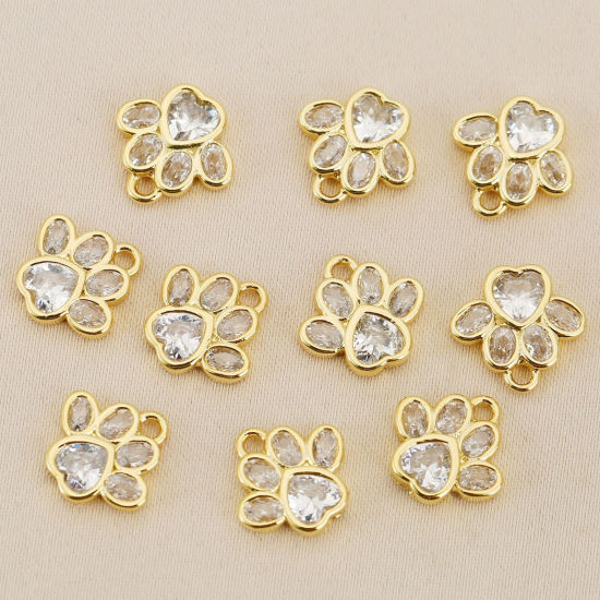 Picture of Eco-friendly Brass Pet Memorial Charms Wholesale Real Gold Plated Paw Print Mini Clear Cubic Zirconia 10mm x 10mm
