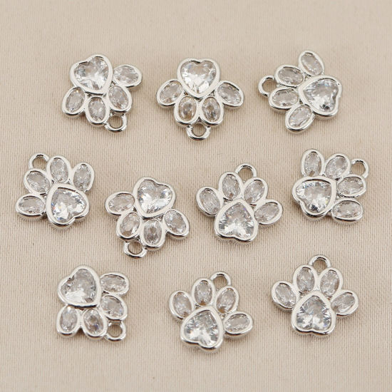 Picture of Eco-friendly Brass Pet Memorial Charms Wholesale Real Gold Plated Paw Print Mini Clear Cubic Zirconia 10mm x 10mm