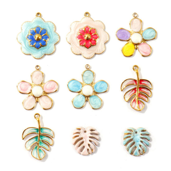 Image de 2 Pcs Breloques En Gros en 304 Acier Inoxydable PVD Écologique Collection Végétale Plaqué Or Véritable 18K Multicolore Fleur Émail