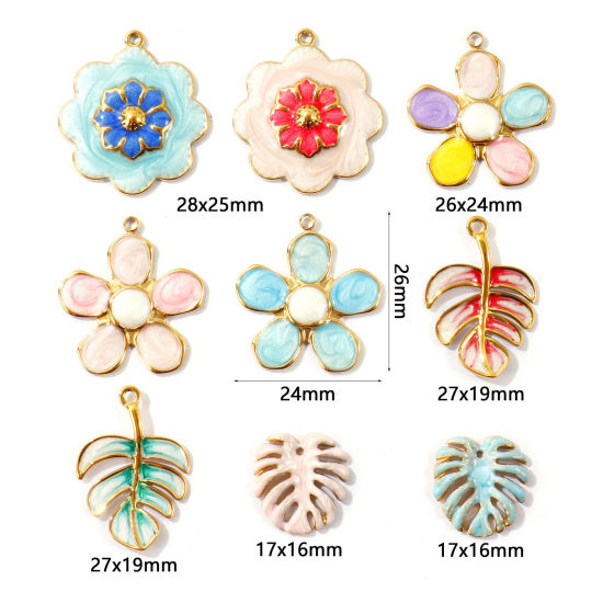Image de 2 Pcs Breloques En Gros en 304 Acier Inoxydable PVD Écologique Collection Végétale Plaqué Or Véritable 18K Multicolore Fleur Émail