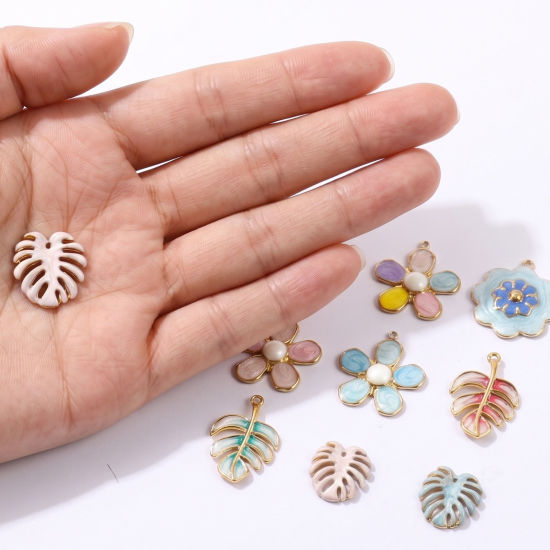 Image de 2 Pcs Breloques En Gros en 304 Acier Inoxydable PVD Écologique Collection Végétale Plaqué Or Véritable 18K Multicolore Fleur Émail