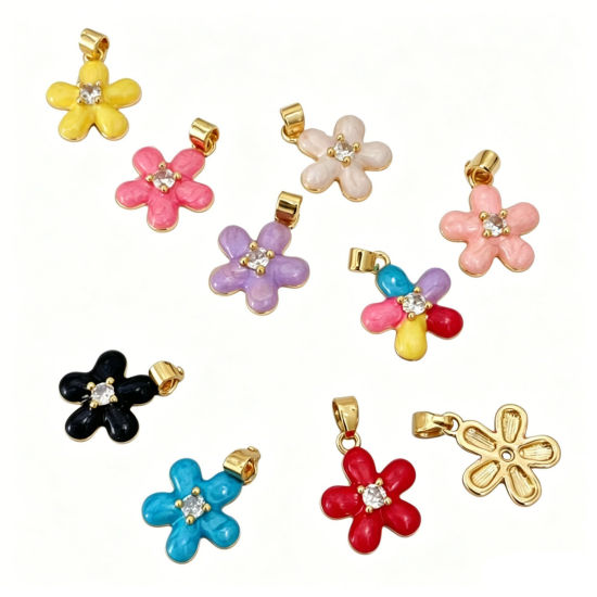 Picture of Brass Charm Pendant Wholesale 18K Gold Plated Flower Enamel Clear Cubic Zirconia 15.2mm x 13mm
