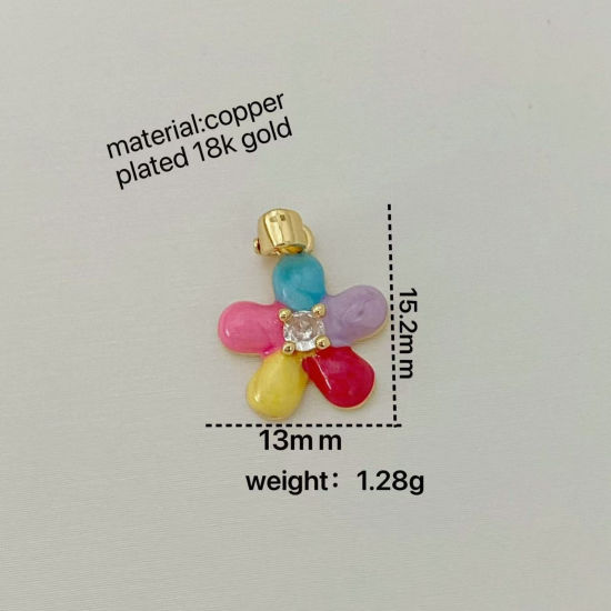 Picture of Brass Charm Pendant Wholesale 18K Gold Plated Flower Enamel Clear Cubic Zirconia 15.2mm x 13mm