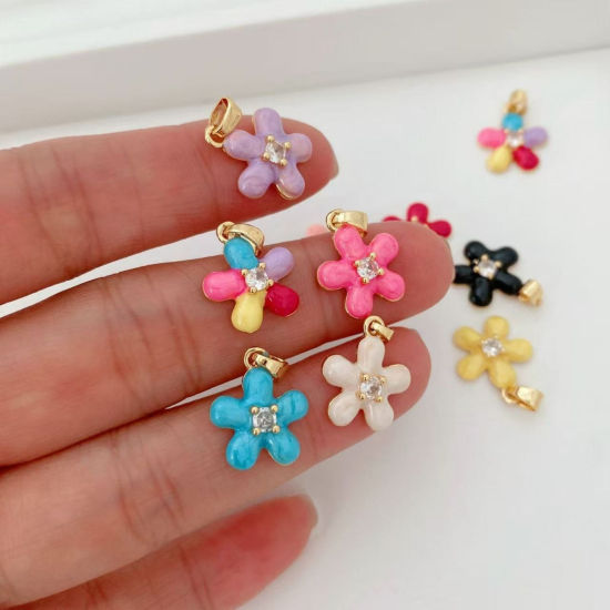 Picture of Brass Charm Pendant Wholesale 18K Gold Plated Flower Enamel Clear Cubic Zirconia 15.2mm x 13mm