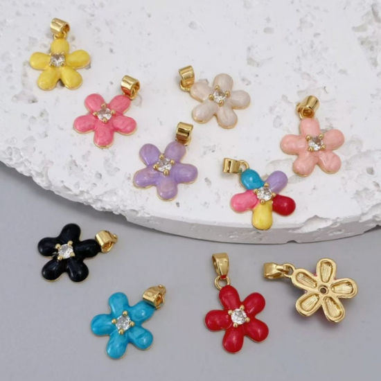 Picture of Brass Charm Pendant Wholesale 18K Gold Plated Flower Enamel Clear Cubic Zirconia 15.2mm x 13mm