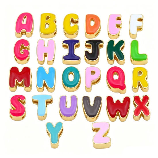 Bild von Messing Perlen zur DIY-Schmuckherstellung Großhandel 18K Vergoldet Bunt Großbuchstaben Message " A-Z " Emaille