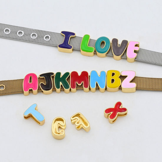 Bild von Messing Perlen zur DIY-Schmuckherstellung Großhandel 18K Vergoldet Bunt Großbuchstaben Message " A-Z " Emaille