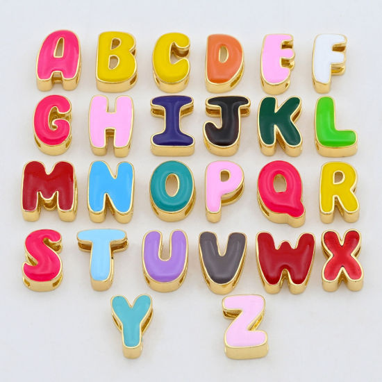 Bild von Messing Perlen zur DIY-Schmuckherstellung Großhandel 18K Vergoldet Bunt Großbuchstaben Message " A-Z " Emaille