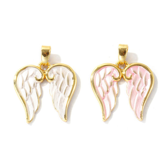 Bild von Umweltfreundlich Messing Charm-Anhänger Großhandel 18K Echtgold plattiert Flügel Spritzlackierung 23mm x 18mm