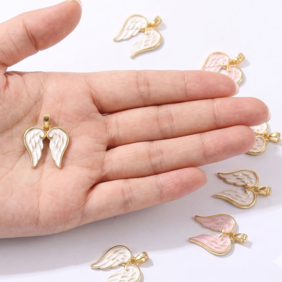 Bild von Umweltfreundlich Messing Charm-Anhänger Großhandel 18K Echtgold plattiert Flügel Spritzlackierung 23mm x 18mm