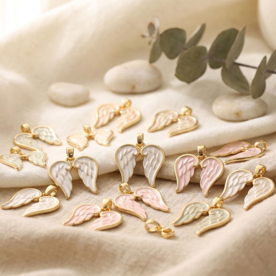 Bild von Umweltfreundlich Messing Charm-Anhänger Großhandel 18K Echtgold plattiert Flügel Spritzlackierung 23mm x 18mm