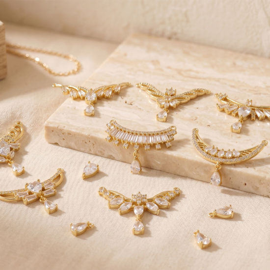 Bild von Umweltfreundlich Messing Steckverbinder Charms Anhänger Großhandel 18K Echtgold plattiert Klar Kubischer Zirkon