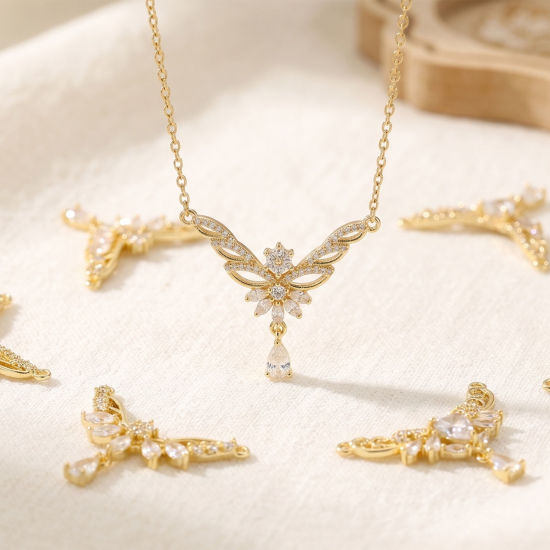 Bild von Umweltfreundlich Messing Steckverbinder Charms Anhänger Großhandel 18K Echtgold plattiert Klar Kubischer Zirkon