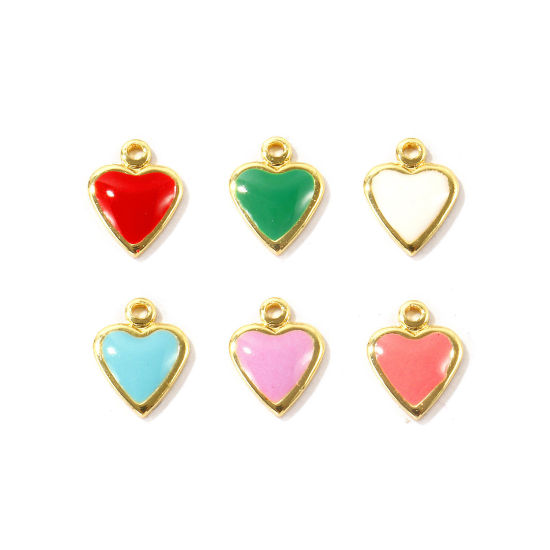 Bild von Umweltfreundlich Messing Valentinstag Charms Großhandel 18K Echtgold plattiert Bunt Emaille Herz Mini 7mm x 6mm