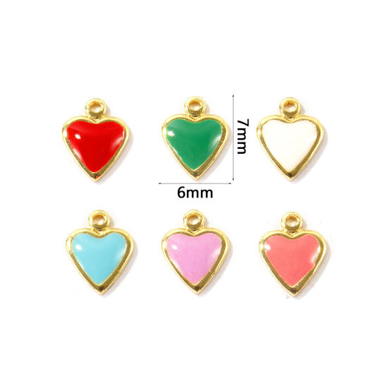 Bild von Umweltfreundlich Messing Valentinstag Charms Großhandel 18K Echtgold plattiert Bunt Emaille Herz Mini 7mm x 6mm