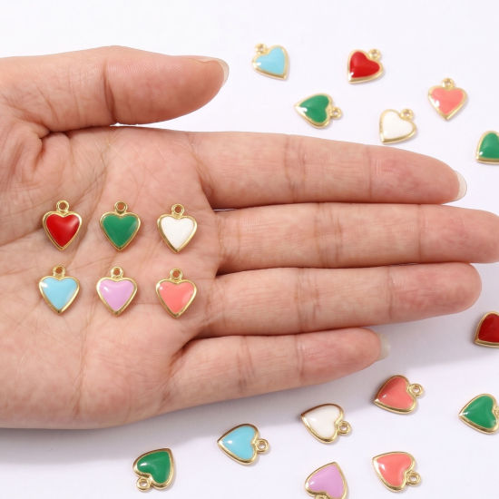 Bild von Umweltfreundlich Messing Valentinstag Charms Großhandel 18K Echtgold plattiert Bunt Emaille Herz Mini 7mm x 6mm
