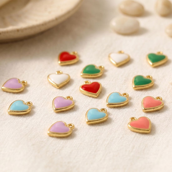 Bild von Umweltfreundlich Messing Valentinstag Charms Großhandel 18K Echtgold plattiert Bunt Emaille Herz Mini 7mm x 6mm