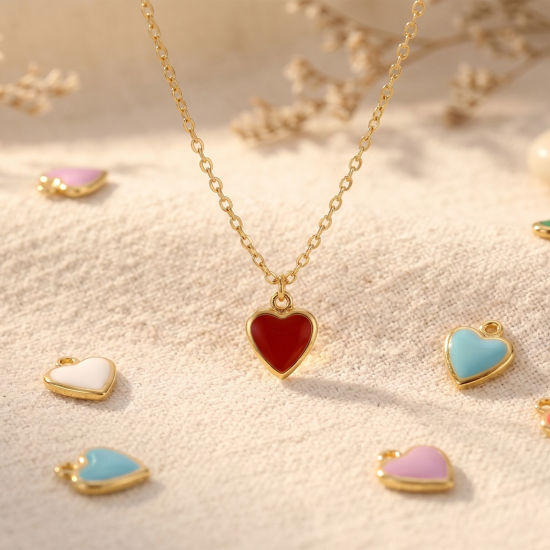 Bild von Umweltfreundlich Messing Valentinstag Charms Großhandel 18K Echtgold plattiert Bunt Emaille Herz Mini 7mm x 6mm