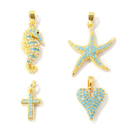 Bild von Umweltfreundlich Messing Charms Großhandel 18K Echtgold plattiert Blau Kubischer Zirkon