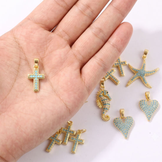 Bild von Umweltfreundlich Messing Charms Großhandel 18K Echtgold plattiert Blau Kubischer Zirkon