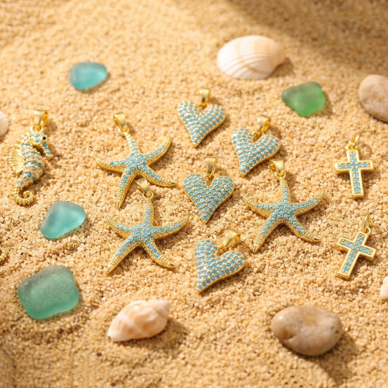 Bild von Umweltfreundlich Messing Charms Großhandel 18K Echtgold plattiert Blau Kubischer Zirkon