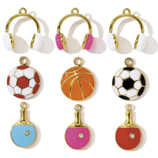 Picture of 1 Piece Eco-friendly PVD 304 Stainless Steel Sport Charms Wholesale 18K Gold Plated Multicolor Table Tennis Paddle Bat Earphone Enamel