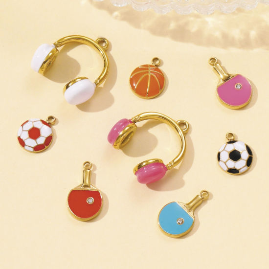 Picture of 1 Piece Eco-friendly PVD 304 Stainless Steel Sport Charms Wholesale 18K Gold Plated Multicolor Table Tennis Paddle Bat Earphone Enamel