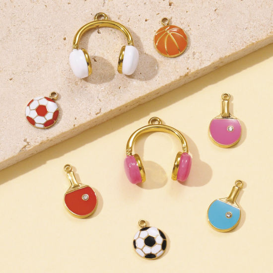 Picture of 1 Piece Eco-friendly PVD 304 Stainless Steel Sport Charms Wholesale 18K Gold Plated Multicolor Table Tennis Paddle Bat Earphone Enamel