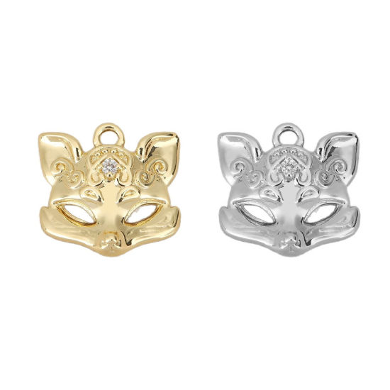 Picture of 2 PCs Eco-friendly Brass Charms Wholesale Real Gold Plated Mask Fox Clear Cubic Zirconia 16mm x 15mm