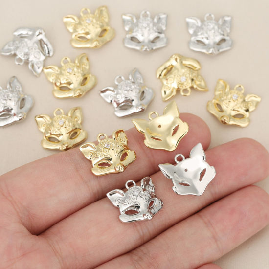 Picture of 2 PCs Eco-friendly Brass Charms Wholesale Real Gold Plated Mask Fox Clear Cubic Zirconia 16mm x 15mm
