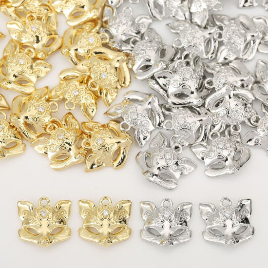 Picture of 2 PCs Eco-friendly Brass Charms Wholesale Real Gold Plated Mask Fox Clear Cubic Zirconia 16mm x 15mm
