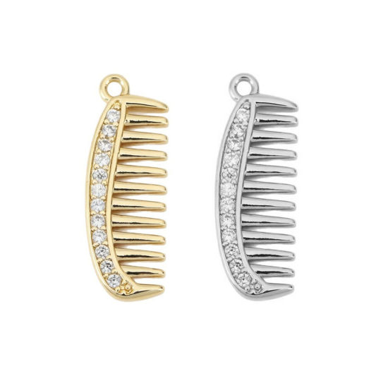 Image de 2 Pcs Breloques En Gros Respectueux de la Nature en Laiton Plaqué Or Véritable Peigne 3D à Zircone Cubique Clair 26mm x 9mm