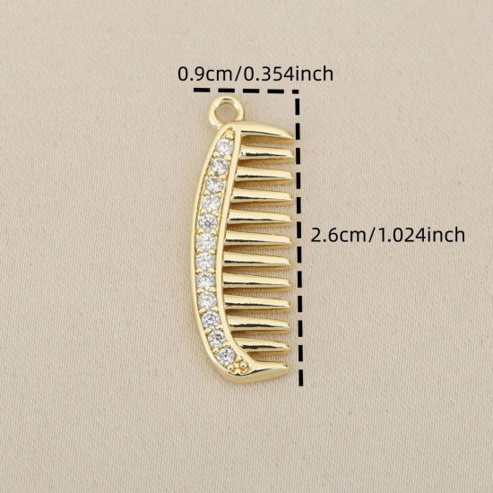 Image de 2 Pcs Breloques En Gros Respectueux de la Nature en Laiton Plaqué Or Véritable Peigne 3D à Zircone Cubique Clair 26mm x 9mm