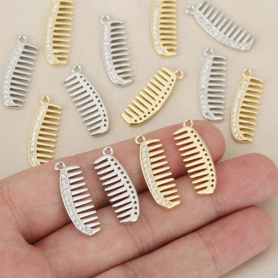 Image de 2 Pcs Breloques En Gros Respectueux de la Nature en Laiton Plaqué Or Véritable Peigne 3D à Zircone Cubique Clair 26mm x 9mm